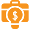Orange briefcase with dollar sign and bulb.